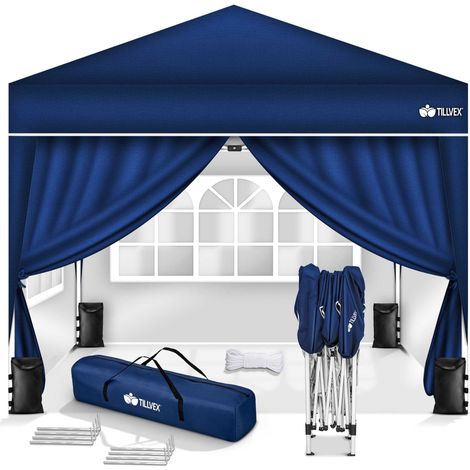 tillvex Pavillon 3x3m Blau - mit 4 Seitenteilen wasserdicht  Pop-Up Faltpavillon höhenverstellbar  Gartenzelt UV Schutz 50+  Partyzelt mit Tasche für Garten