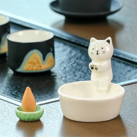 Bougeoir en forme de pattes de chat, brûleur d'encens en forme de cône, plateau à encens blanc (1/5)