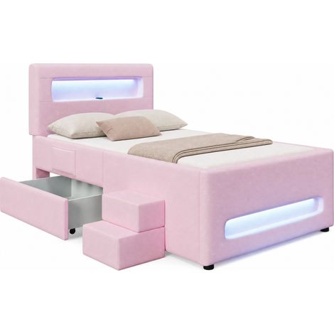 Letto singolo per bambini 90x200 cm in MDF e PU rosa con LED e cassetto - CHICFURN (1/5)
