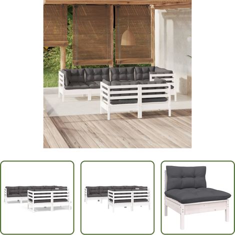 Terrassensofa - 7-tlg. Garten-Lounge-Set mit Kissen Weiß Kiefer Massivholz (1/5)