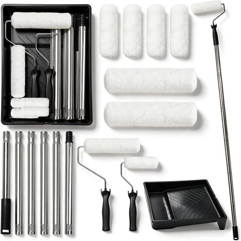 Kit de Rouleaux à Peinture, Cadre de Rouleau de 9 inch/4 inch avec 162cm Rallonge, Ensemble de Rouleaux avec 6 Rouleau, 1 Bac à Peinture, 6 Tige en Acier Inoxydable, 2 Support (1/5)