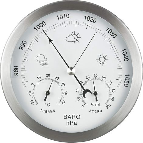 Station météo analogique 3 en 1 en inox Ø14 cm - Baromètre, thermomètre, hygromètre