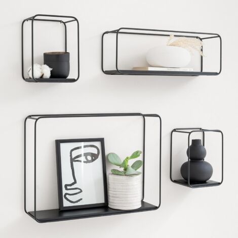 Étagère en 4 Parties en Métal et Placage de Bois Véritable  Décoration Murale, Rangement et Étagère à Livres pour Salle de Bain, Salon, Cuisine, Chambre  Chêne Noir