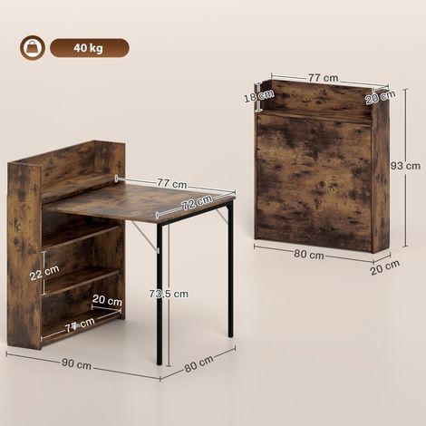 Table à manger pliante en bois avec rayonnage, style industriel, compacte pour espaces réduits, 80 x 90 x 93 cm, teinte chêne rustique (1/5)