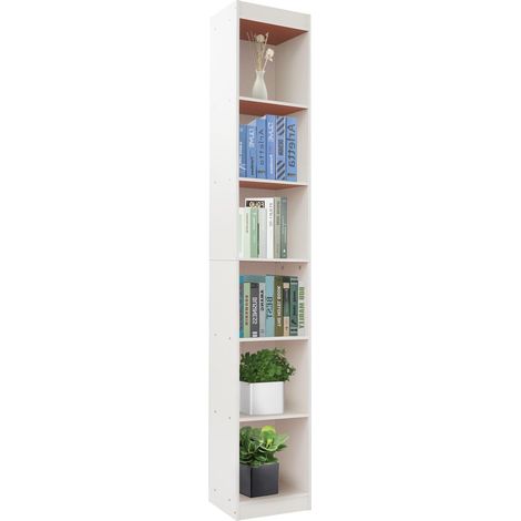 Bibliothèque à 6 niveaux, étroite, sur pied, étagère ouverte, moderne, pour salon, chambre à coucher, bureau, 24 x 30 x 180 cm, blanche (1/5)