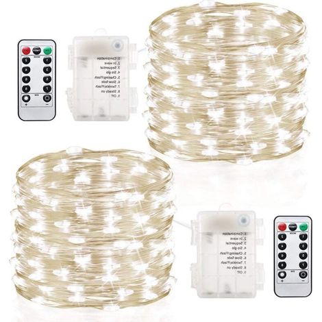 Bardusch - 2 guirlandes lumineuses étanches à piles, 100 LED, fil cuivre 10 m, télécommande