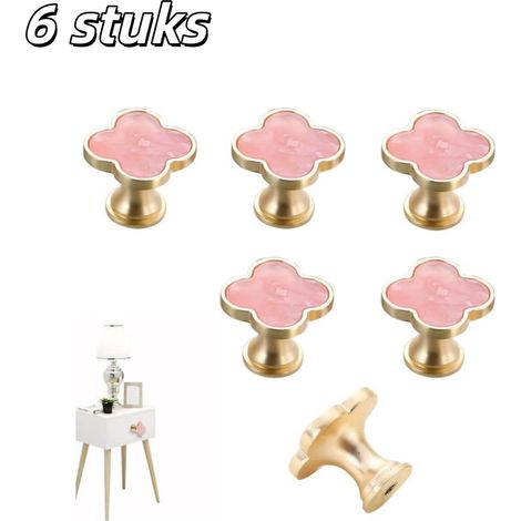 Lot de 6 poignées de meuble - Poignées de porte - Forme à quatre feuilles - Perçage simple - Poignées de tiroir - Alliage de zinc - Convient pour coiffeuses, armoires et meubles - Rose (1/5)