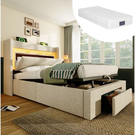 Bett Bettgestell 90x200 Stauraum LED Beige OKMYHOME (1/5)