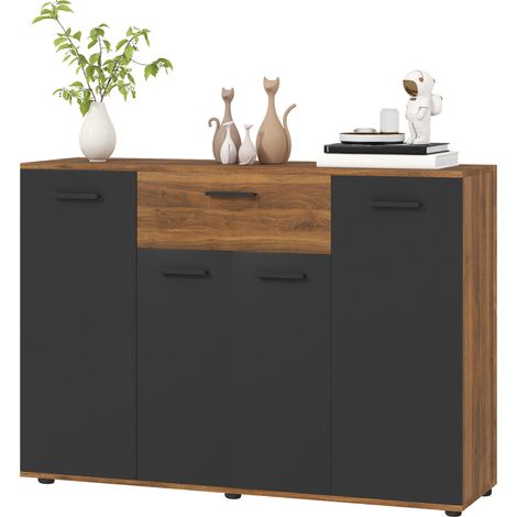 Buffet de salon, meuble de rangement 4 placards, tiroirs et étagères réglables, 120x35x85 cm, marron et noir (1/5)
