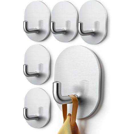 Lot de 10 crochets muraux autocollants en acier inoxydable - Idéal pour salle de bain, cuisine et bureau - Argenté (1/5)