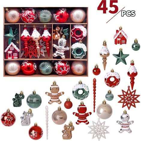 Lot de 45 boules de Noël en plastique galvanisé, forme unique, pour fêtes, sapin de Noël, décoration à suspendre pour la maison (1/5)