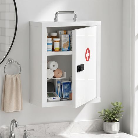 Armoire à pharmacie murale avec serrure à combinaison, 3 niveaux, armoire de premiers secours verrouillable en acier, blanche (1/5)