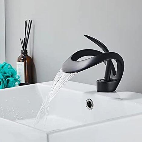 Wasserfall-Badezimmerarmatur mit einstellbarem Warm- und Kaltwasser, schwarz.