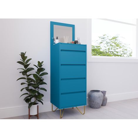 Deco In Paris – Commode enfant 4 tiroirs bleu canard – Coiffeuse intégrée – Dimensions 45x40x110 cm – MDF laqué mat avec pieds métal laiton (1/5)