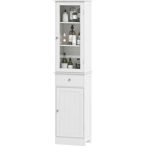 Colonne de salle de bain gain de place avec placard, tiroir et étagères en MDF, 40 x 27 x 171,5 cm, blanche (1/5)