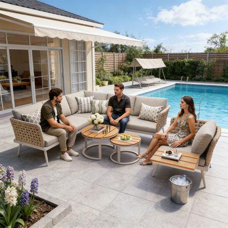 Seyakany Ensemble de Salon de jardin pour 5-6 personnes,canapé d'angle en L avec accoudoirs tressés,2 tables basses et fauteuils en bois(beige) (1/5)