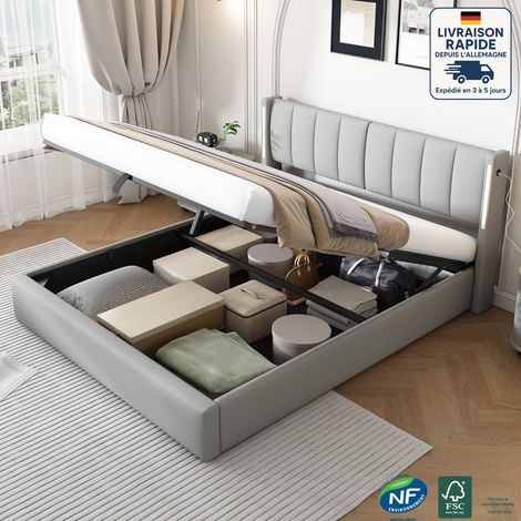 Lit coffre 140x200cm, lit double-Bois Certifié PEFC-LED+USB, tête de lit réglable en hauteur, sans matelas, gris (1/5)