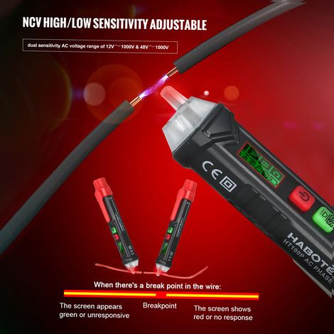 HABOTEST HT100P Probador de voltaje digital sin contacto, detector de fase y voltaje de CA con alarma sonora y visual, electroscopio portátil NCV tipo bolígrafo con sensibilidad ajustable, iluminación