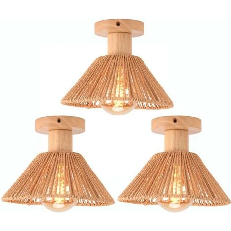 3pcs Plafonnier Rétro,E27 Lampe de Plafond Abat-jour en Rotin et Bois Vintage Lustre Design Chapeau pour Couloir Salon (1/5)