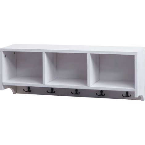 Étagère murale HWC-K49 - portemanteau mural Étagère - 3 compartiments de rangement 5 crochets 30x80x20cm bois - blanc - shabby (1/5)