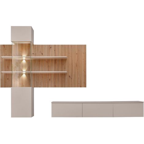 Composición mural ALVANO (Beige & Roble) – Panel mural, mueble con vitrina LED y mueble para TV