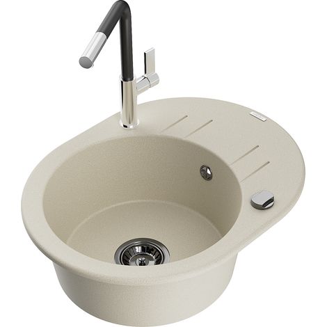 Mexen Kevin 1 Becken-Granitspüle mit Abtropffläche und Mischbatterie Flora, Beige - 6517-69-670401-0