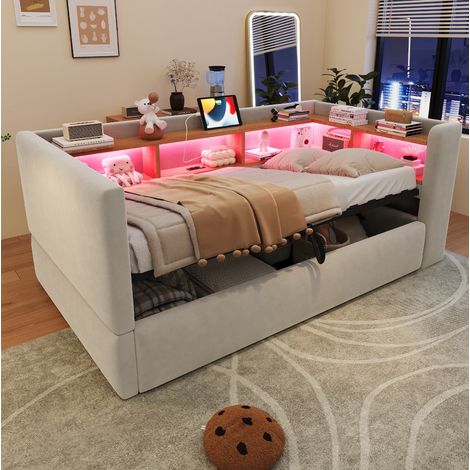 Schlafsofa 90/190 cm in Hellgrau mit Stauraum, LED und Steckdosen (1/5)