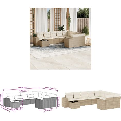 10-tlg. Garten-Sofagarnitur mit Kissen Beige Poly Rattan - Gartenmöbel Set - PE-Rattan Möbel - Outdoor Lounge - Esstisch - Sofasatz - Home & Living (1/3)