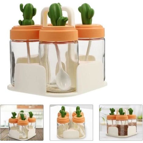 Pot à épices - Cactus - Verre avec cuillère - 4 pièces - Design contemporain - 14.5x14.5x15.5 cm (1/4)