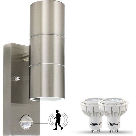 TAISHENGDA-Lampes murales d'extérieur à détecteur de mouvement alimentées par secteur PIR Up Down Applique murale en acier inoxydable IP44 Lampes de sécurité de jardin + Ampoules LED 7W Blanc froid