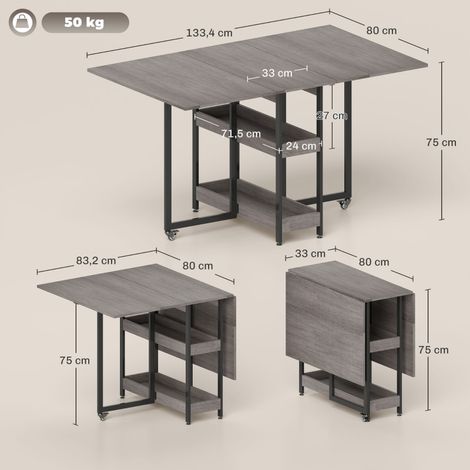 Table pliante cuisine pour 2-4 personnes, table à manger mobile avec 2 étagères ouvertes, table escamotable pour petits espaces, salle à manger, cuisine, 133,4 x 80 x 75 cm gris (1/5)