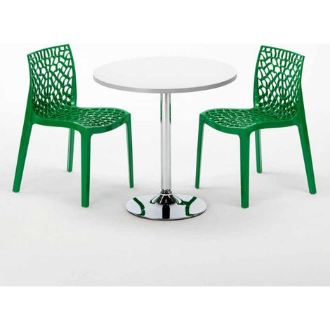 Tavolino Rotondo Bianco 70x70 cm con Base in Acciaio e 2 Sedie Colorate Gruvyer Island - Verde 2 (1/5)