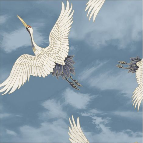 Cranes Wallpaper Blue Gold Navy White Clouds Birds 10m Roll Oriental Metallic (1/4)