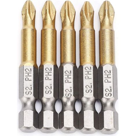 Set de 5Pcs 50mm PH2 1/4" Embouts de Vissage Magnétique Antidérapage Tournevis Queue Hex Tête Croix (1/4)