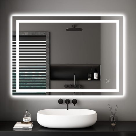 Dripex Miroir de salle de bain, Miroir mural LED avec éclairage, interrupteur tactile et fonction anti-buée, Blanc froid (6400 K), Miroir lumineux économe en énergie – 50 x 70 cm (1/5)