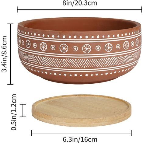 Runder Terrakotta-Blumentopf, 20 cm, mit Abflussloch und Bambusuntersetzer, für Zimmerpflanzen (1/4)