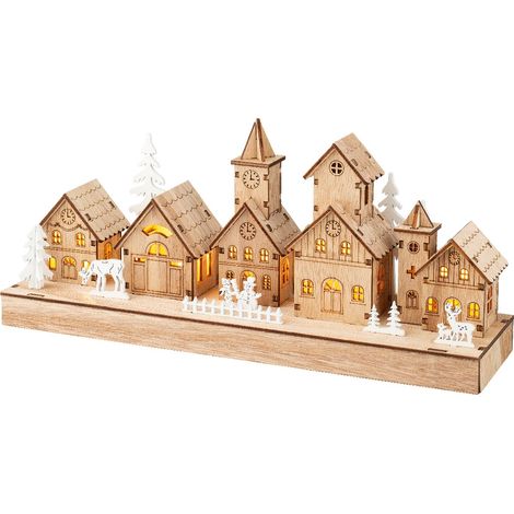 Lumineo Batterie LED Kleines Weihnachtsdorf Natur & Weiß 5 Häuser 30 x 13,5 cm 5 LED - warmweiß (1/5)