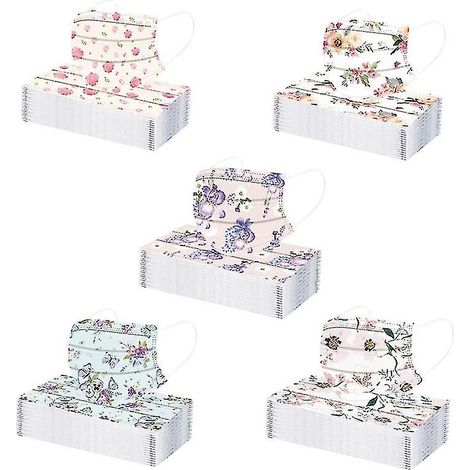 Lot de 50 masques jetables pour adultes, imprimés avec motifs fleurs et papillons, 3 plis, anti-poussière, avec élastiques de protection. (1/2)