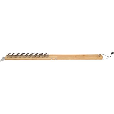 Brosse à pizza longue avec racleur intégré, poils métalliques, manche en bois amovible. (1/5)