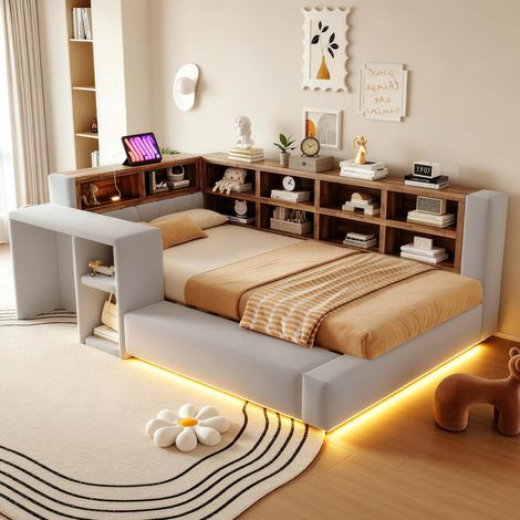 Lit capitonné 90x200 cm en tissu velours gris clair, rangements LED pour chambre, sans matelas (1/5)