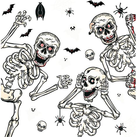 Juego de 4 pegatinas decorativas para ventanas con temática de Halloween: esqueletos, fantasmas y globos. Pegatinas removibles para decorar ventanas. (1/5)