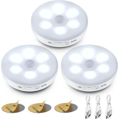 Veilleuse LED Automatique, Lampe Detecteur de Mouvement Interieur, Lumiere Autocollante USB Pile Rechargeable, LED Sans Fil (Blanc) (1/5)