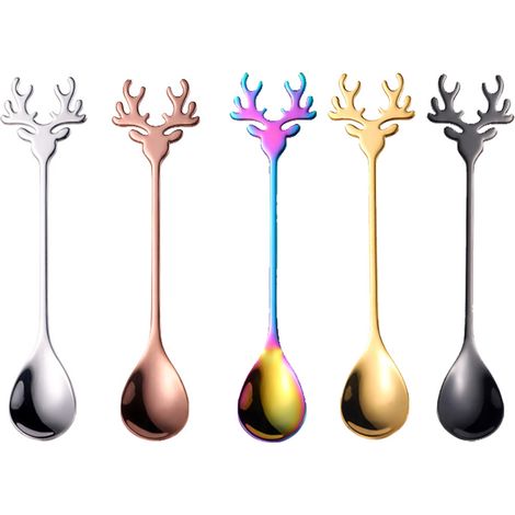 Cuillère De Noël - En Acier Inoxydable - Motif Renne - Pour Café Thé Soupe Dessert - 5 Pièces (1/5)