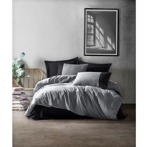 Completo letto - 1 copripiumino 220 x 240 cm + 2 federe 60 x 60 cm - 100% cotone rinforzato - Grigio (1/5)