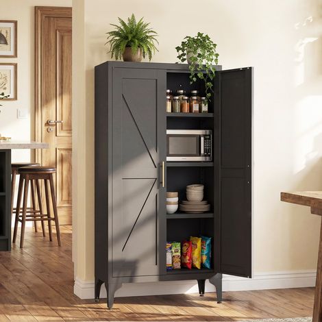 Mobile contenitore in metallo 117x37x15.5 cm, 3 ripiani regolabili, porte magnetiche, nero (1/5)