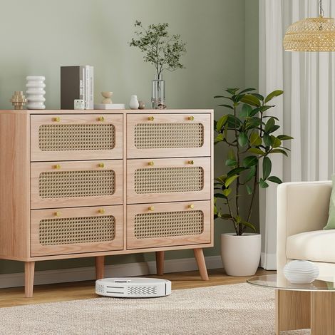 Cassettiera 6 cassetti in rattan e legno - comò camera da letto stile boho chic - mobile ingresso e soggiorno moderno - piedini in legno massello(100x34x73cm, Rovere Chiaro) (1/5)
