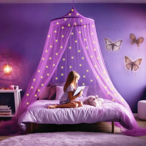 Lit à baldaquin Violet pour filles avec pré-collés luisant dans les étoiles sombres - Décor de chambre en moustiquaire Princesse