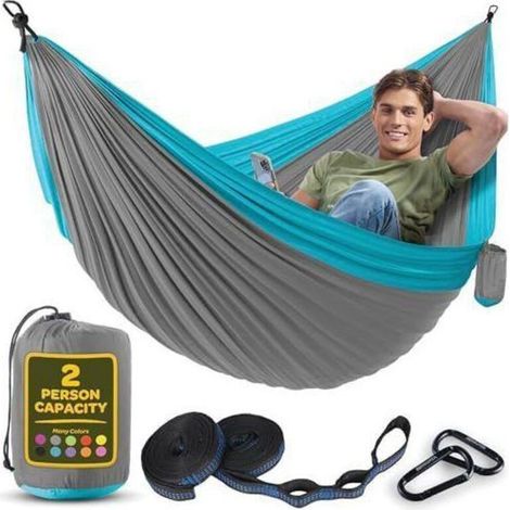 Double Hammock, Flexible, Ultra-Light & Portable, 350 kg Capacity, Ideal for Garden, Camping, Travel, Grey-Blue