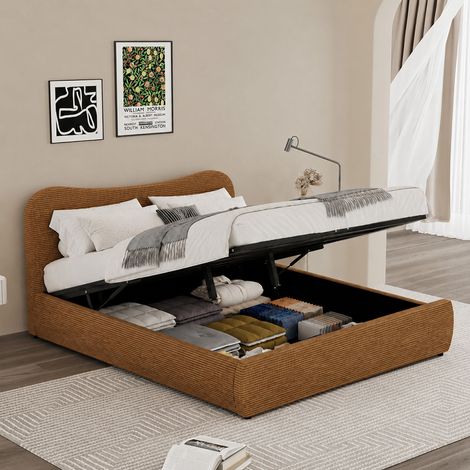 Lit coffre 140x190cm design arrondi velours côtelé marron PLANO (1/5)