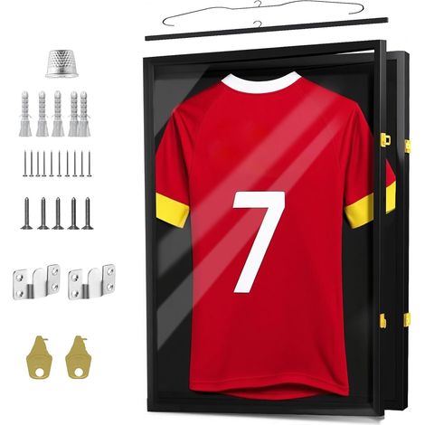Cadre 60 x 80 cm, Vitrine Murale à Verrouillage, Noir Vitrine noire en bois et acrylique, avec cintre, panneau à épingles et kit de fixation pour maillot adulte. (1/5)